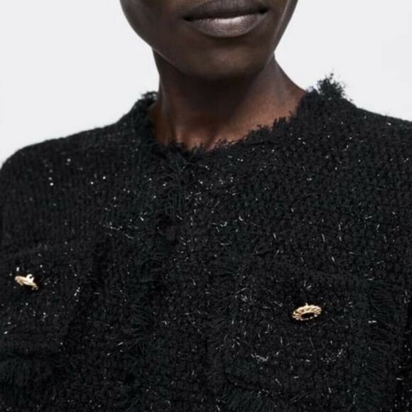 Zara Black Metallic Tweed Thread Knit Cardigan Jacket. - Picture 3 of 10